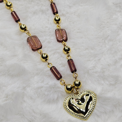 Gold Heart Pendant Necklace with Dark Mauve Glass Beaded Chain