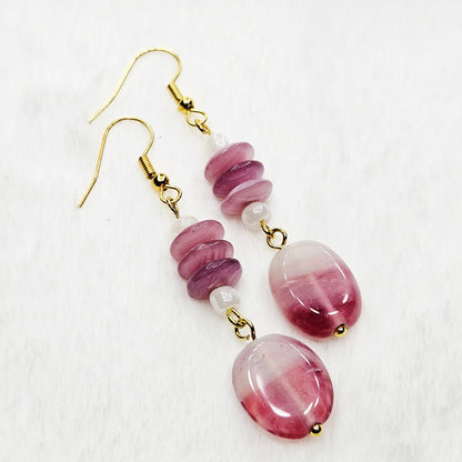 Dark Pink & White Swirl Rondelles with Flat Oval Glass Dangle Earrings in Gold - 2½"
