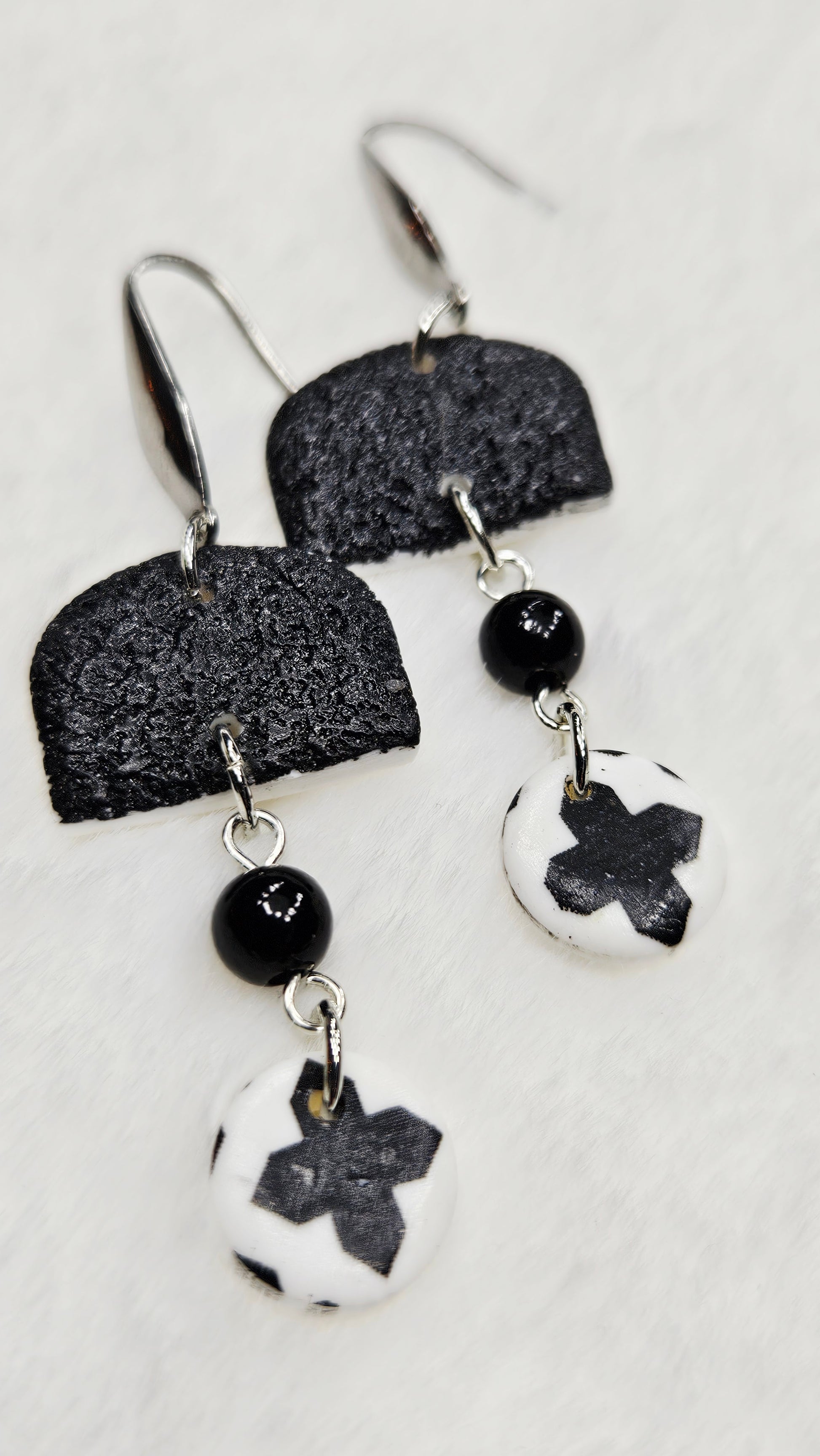 Monochrome Clay Cross Print Button Dangle Earrings with Black or White Arches