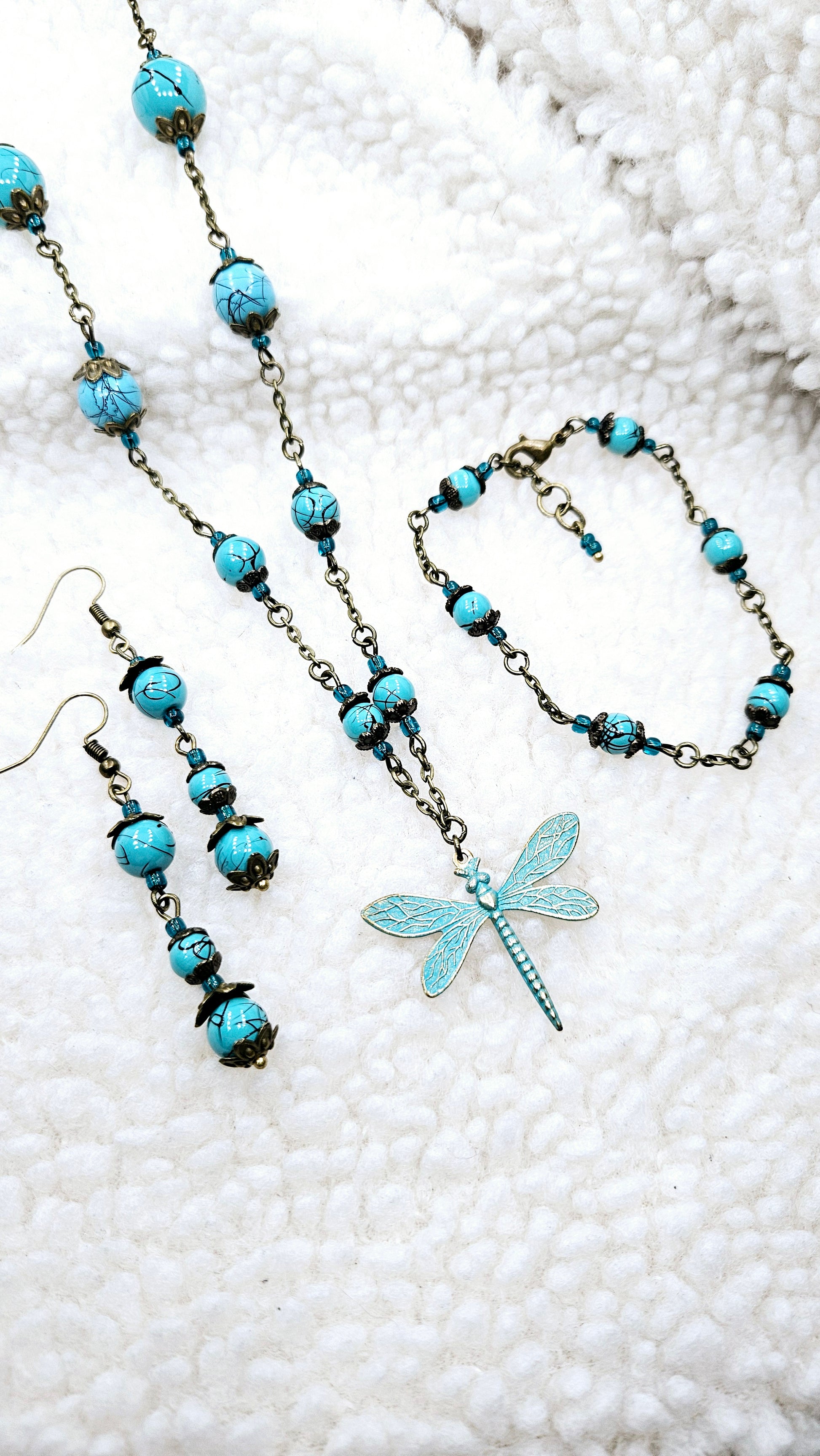 Blues & Brass Dragonfly Set - Pure Brass Dragonfly Pendant with matching Bracelet & Earrings