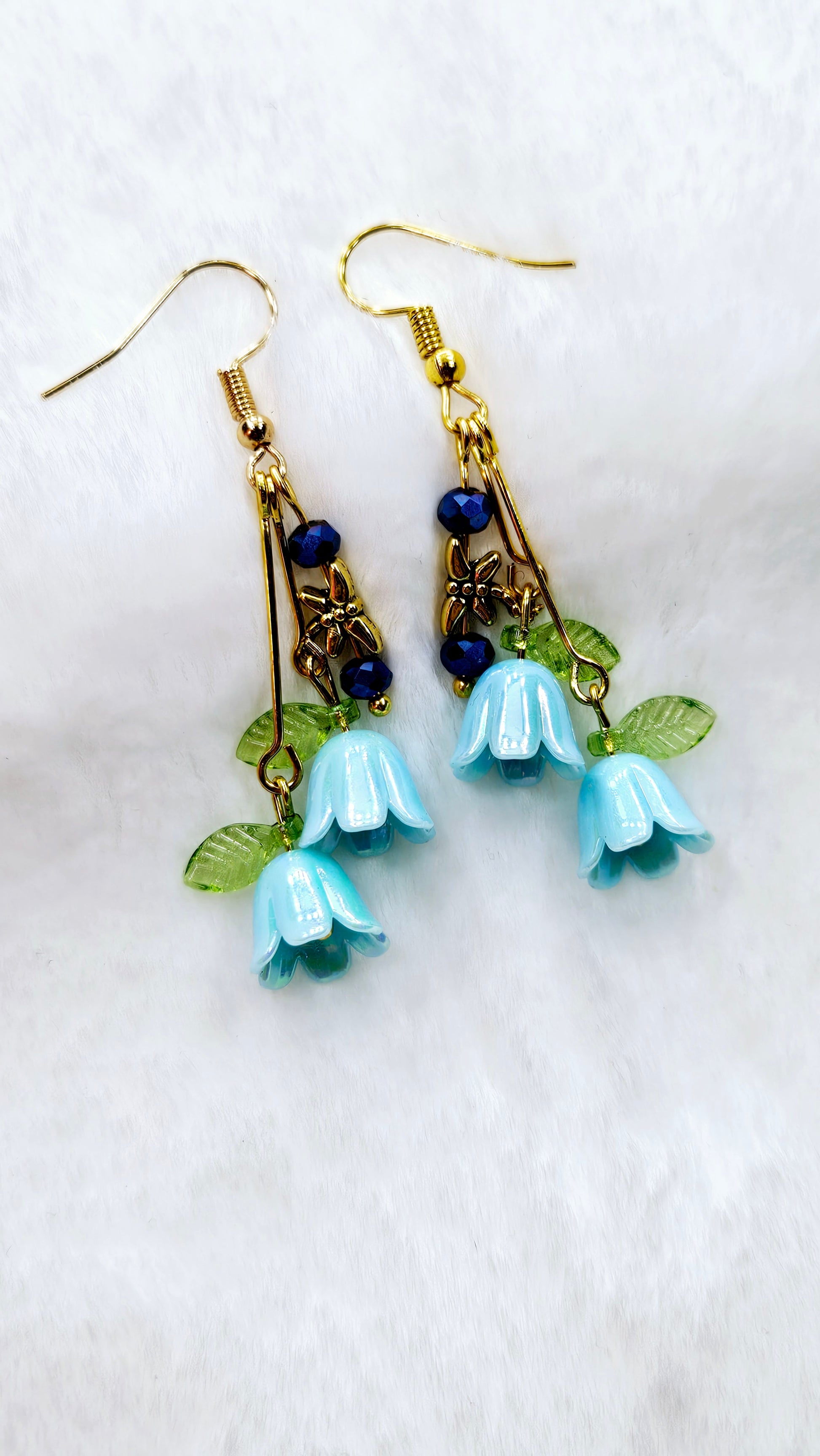 Beloved Blue Bellflowers & Tiny Dragonflies Drop Dangle Earrings