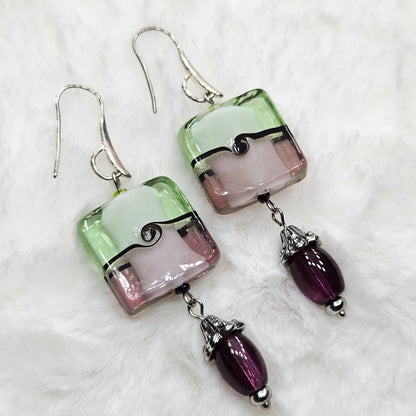 Fun and Funky Green and Purple Square Glass Pendant Necklace and Earrings Set on Silver - 28"/2¾"