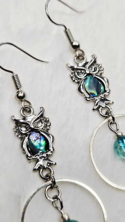Abalone Owl Earrings with Silver Hoops and Crushed Blue Glass Dangles - 3"