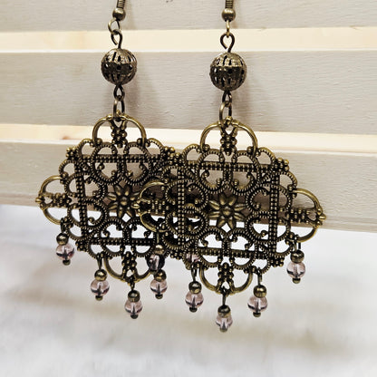 Square Antique Brass Tibetan Filigree Rhombus Chandelier Earrings with Smokey Dangles