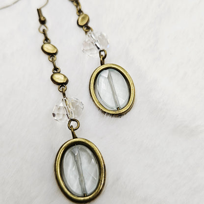 Long Antiqued Brass Earrings with Crystal and Brass-Framed Gem-Cut Rough Glass Dangles