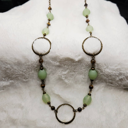 Tigers Eye and Green Frosted Glass Necklace in Antiqued Brass