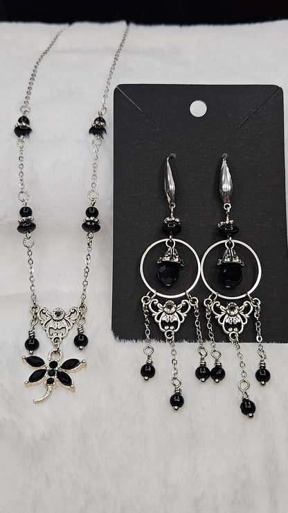 Vintage Filigree Set - Black Crystal Dragonfly and Silver Filigree Pendant Necklace with Earrings