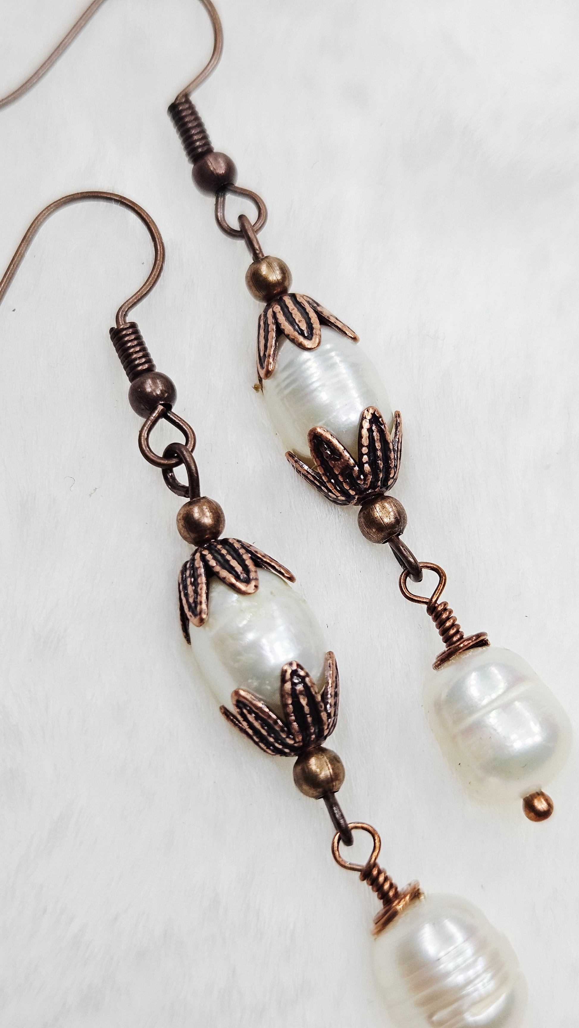 Antique Copper Leaf Cap Dangle Earrings with Freshwater Pearls 