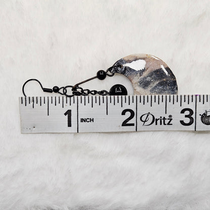 Black and Brown Gold Flake Marble Crescent Polymer Clay Earrings with Black Chain