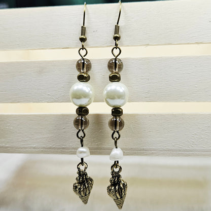 Long Bronze Conch Shell Earrings with Smokey Brown Glass and Pearl