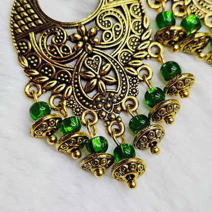 Bali Style Brassy-Gold Chandelier Earrings in Green glass