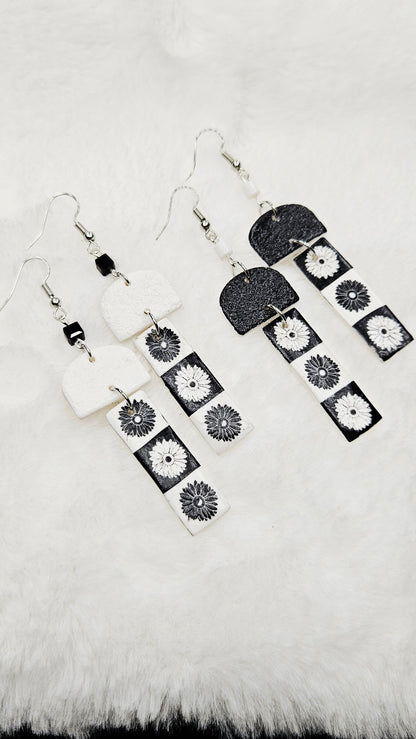 Monochrome Floral Print Clay Earrings with Black or White Arches - 3"