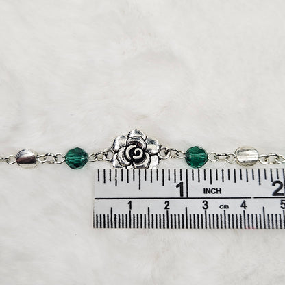 Silver Rose Bracelet with Emerald Austrian Crystals