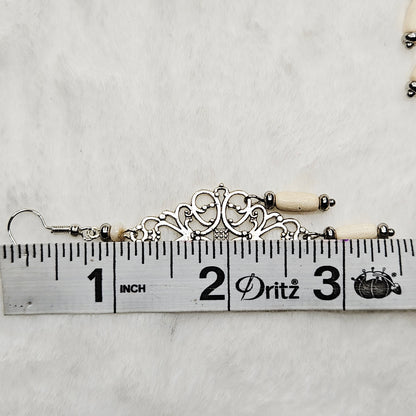 Diamond Antique Silver Tibetan Filigree Rhombus Chandelier Earrings with White Dangles