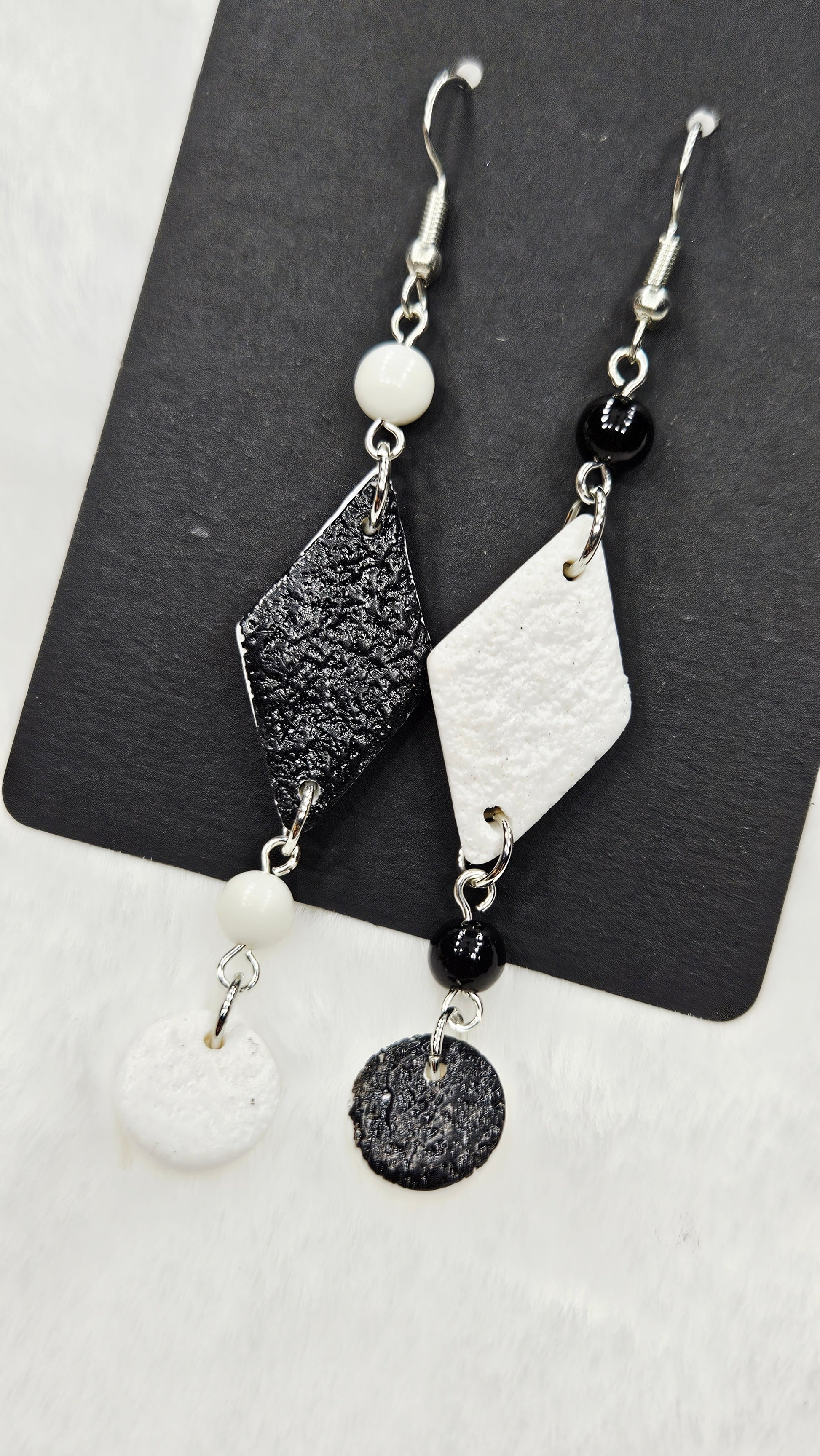 Monochrome Clay Kites Asymmetrical Dangle Earrings with Beads & Buttons