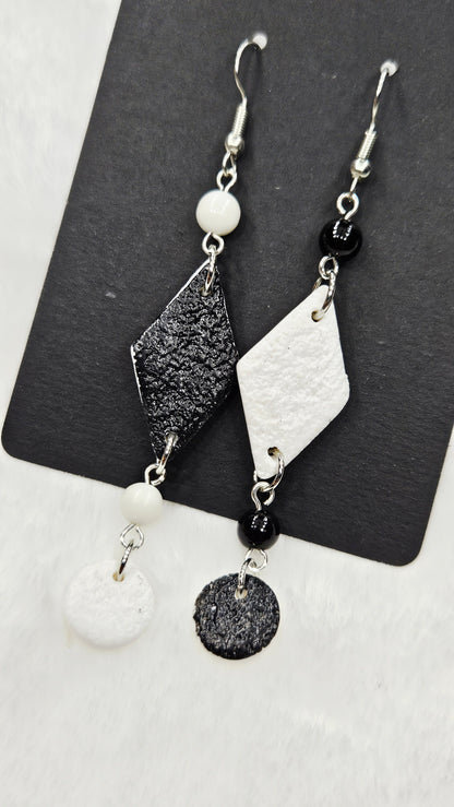 Monochrome Clay Kites Asymmetrical Dangle Earrings with Beads & Buttons