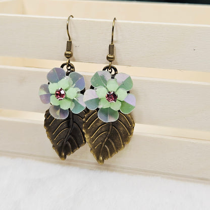 Brass Leaf Earrings with Light Green Iridescent Flowers