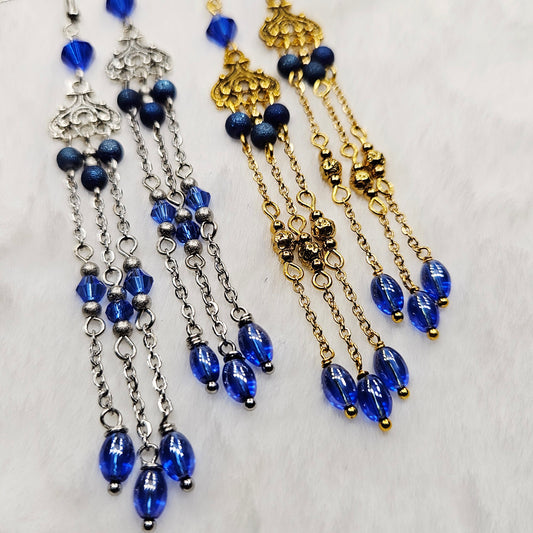 Long Blue Crystal Micro Chandelier Earrings in Silver or Gold