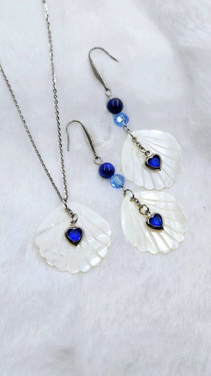 Heart of the Ocean Shell Set: Pearlescent Seashell Pendant Necklace & Earrings with Blue Gem Hearts