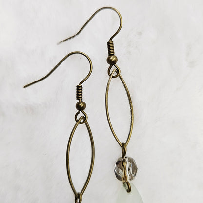 Long Antiqued Brass and Smokey Crystal Earrings with Ivory Gem Cut Teardrop Dangles