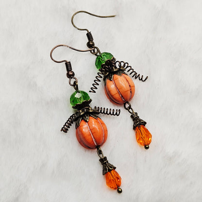 Orange "Pumpkin Men" Earrings with Crystal Teardrop Dangles on Brass