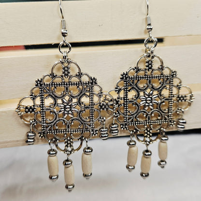 Square Antique Silver Tibetan Filigree Rhombus Chandelier Earrings with White Dangles