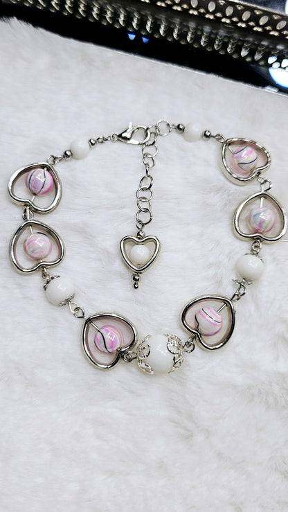Pink Marble & Silver Heart Frame Bracelet