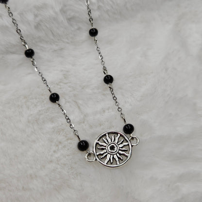 Black Hole Sun Beaded Silver Chain Necklace with Polished Black Glass - 16"