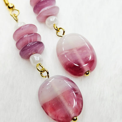 Dark Pink & White Swirl Rondelles with Flat Oval Glass Dangle Earrings in Gold - 2½"