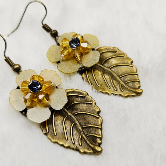 Brass Leaf Earrings with Golden Yellow Flowers