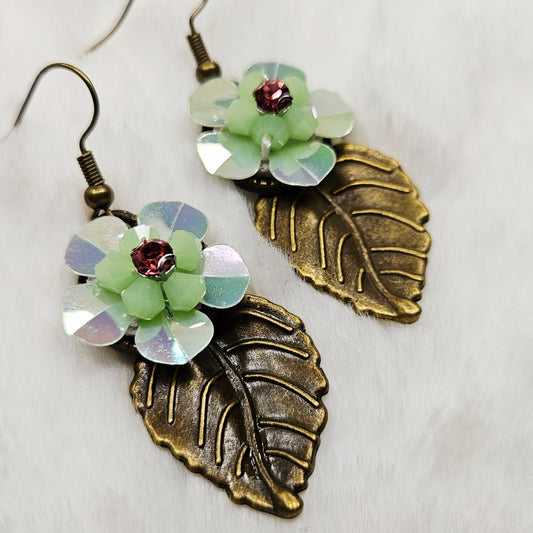 Brass Leaf Earrings with Light Green Iridescent Flowers