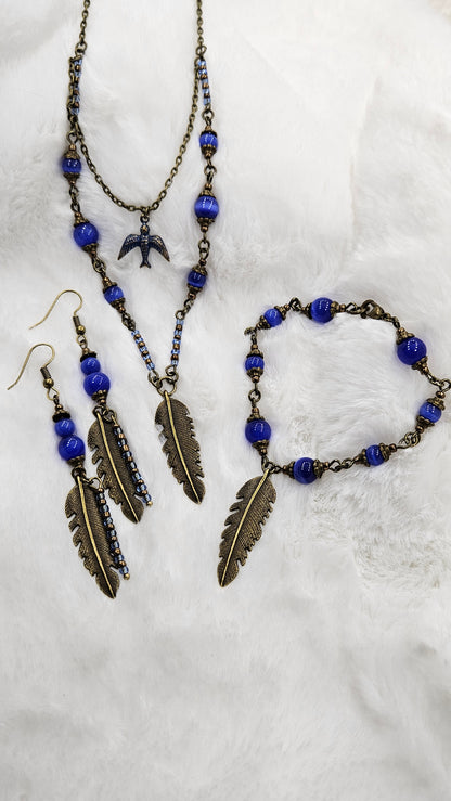 Royal Blue-Bird Feather Set: Brass Feather Pendant Necklace with Pure Brass Bird Charm, Matching Bracelet & Earrings