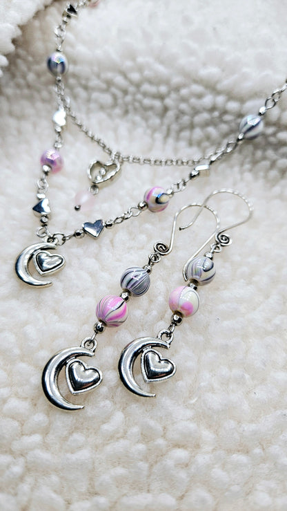 Pink Luna Love Set - Silver Moon-heart Pendant Necklace & Matching Moon-heart Charm Earrings