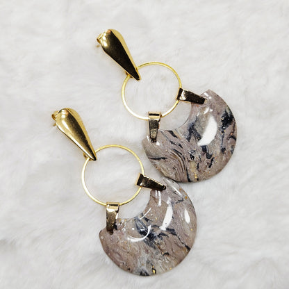 Black and Brown Marble Polymer Clay Earrings on Golden Hoops - 2⅜"