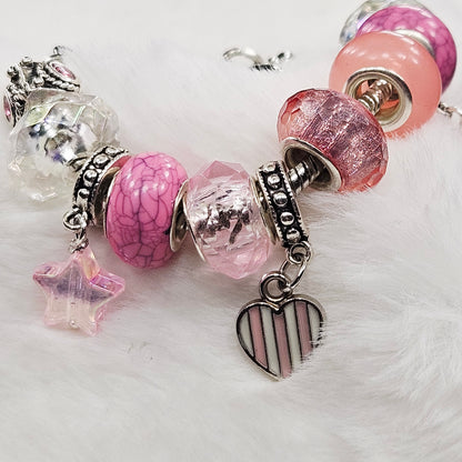 Customized Pink Striped Heart and Star Charm Bracelet