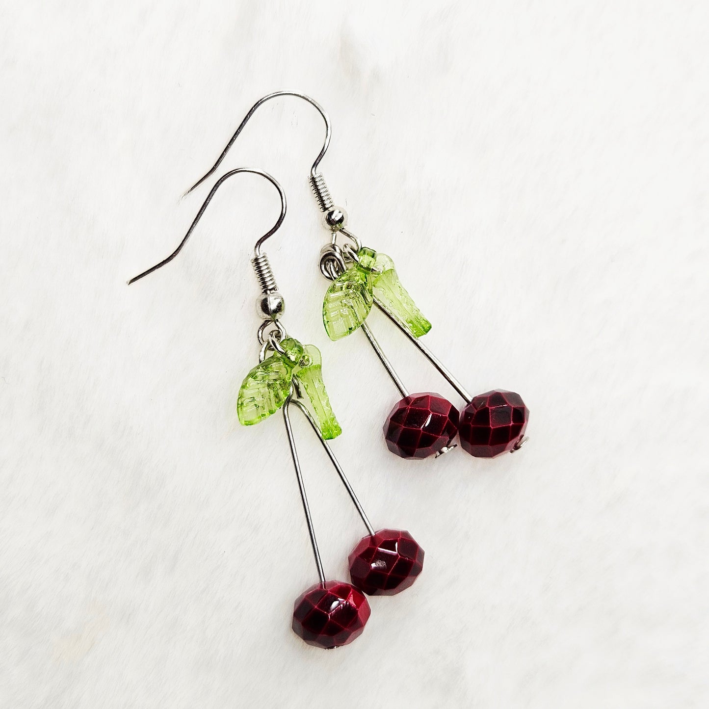 Razzle-Dazzle Red Cherry Drop Dangle Earrings with Green Leaves - 2"