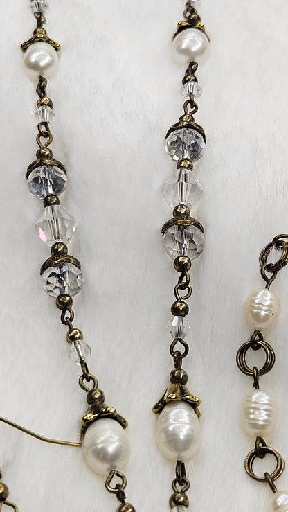 Antique Brass Risen Rose Cross Set - Rose Cross Pendant Necklace with Crystal & Freshwater Pearls Earrings & Bracelet