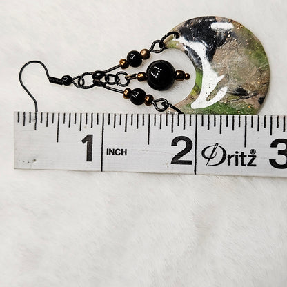 Lime Green Camouflage Crescent Polymer Clay Earrings with Black and Bronze Beads