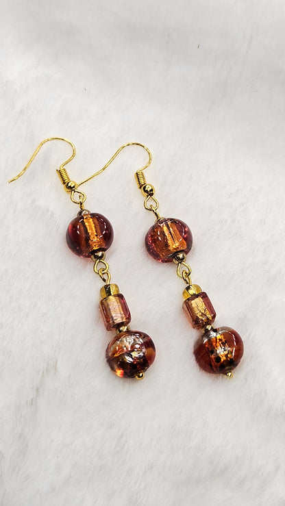 Red Copper Colored Metallic Glass on Gold Dangle Earrings - 2½"