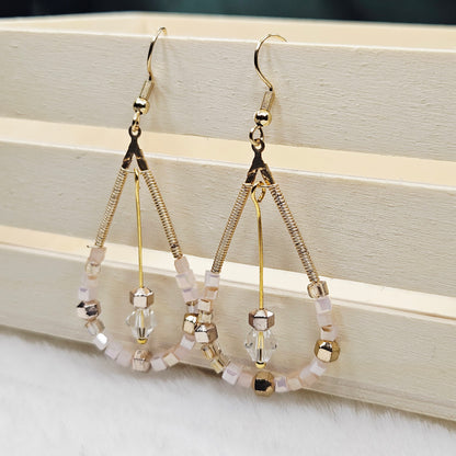 Gold Teardrop Hoops with Pale Pink and Gold Beads