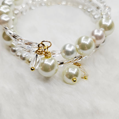Classic Ivory Pearls and Twisted Glass Wrap Bracelet and Earrings Set