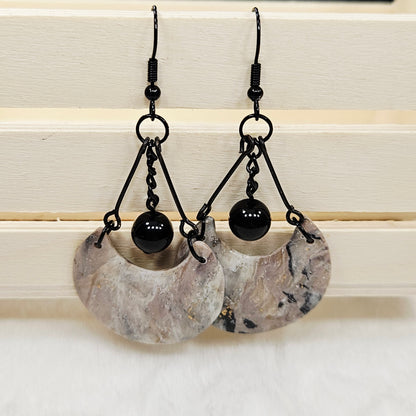 Black and Brown Gold Flake Marble Crescent Polymer Clay Earrings with Black Chain