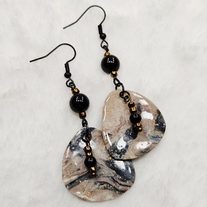 Black and Brown Gold Flake Marble Polymer Clay Earrings with Black Bead Dangles