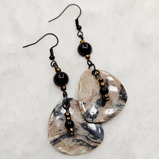 Black and Brown Gold Flake Marble Polymer Clay Earrings with Black Bead Dangles