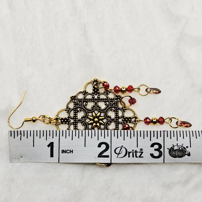 Square Antique Gold Tibetan Filigree Rhombus Chandelier Earrings with Red Dangles