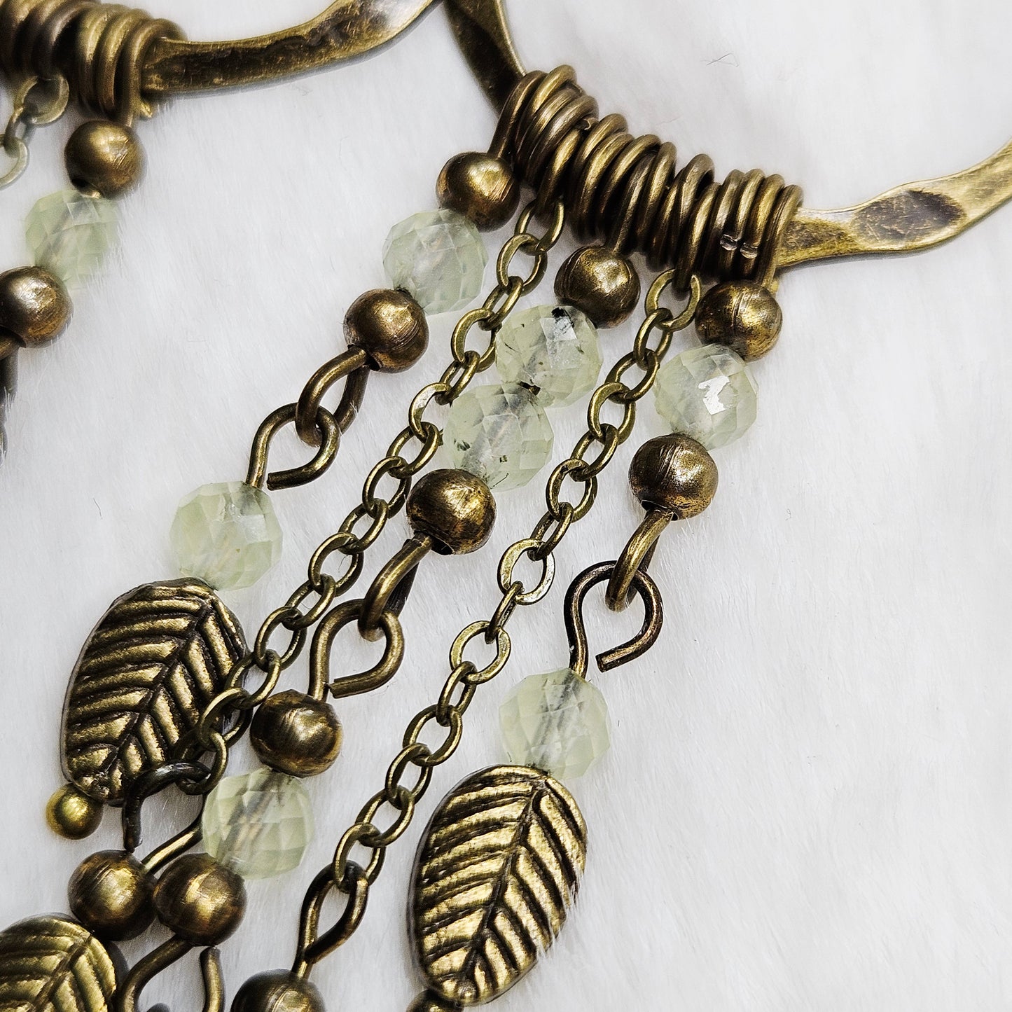 Long Rustic Prehnite Crystal and Brass Leaf Chandelier Earrings