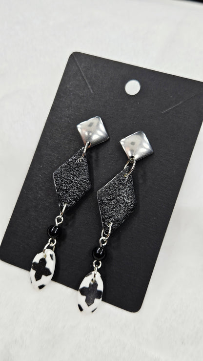 Monochrome Clay Black Kites Dangle Earrings with Cross Print Oval Buttons 