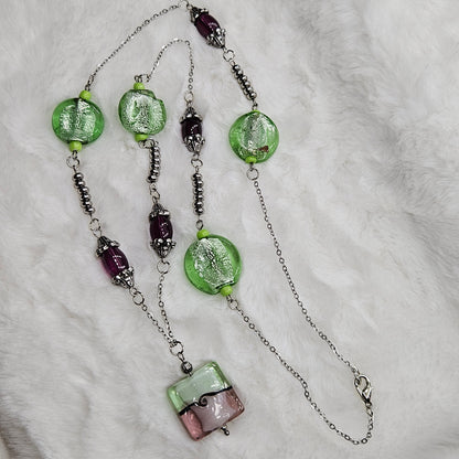 Fun and Funky Green and Purple Square Glass Pendant Necklace and Earrings Set on Silver - 28"/2¾"