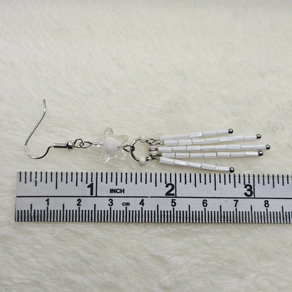 White Crystal Star Burst Earrings with Long Bugle Beaded Tassels