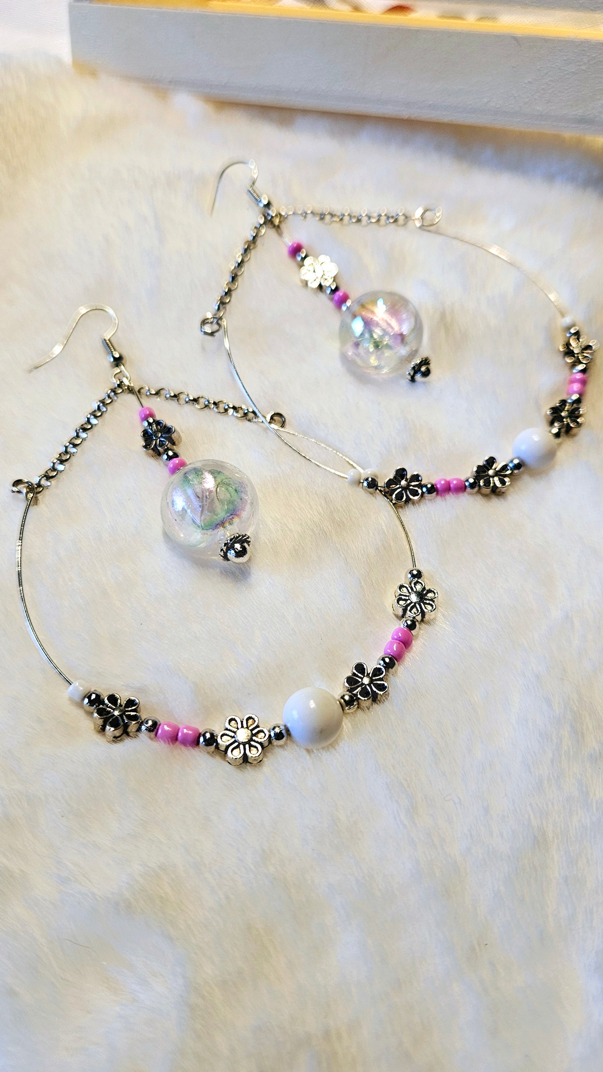 Large Iridescent Gumdrop Pink Beaded Teardrop Hoop Earrings